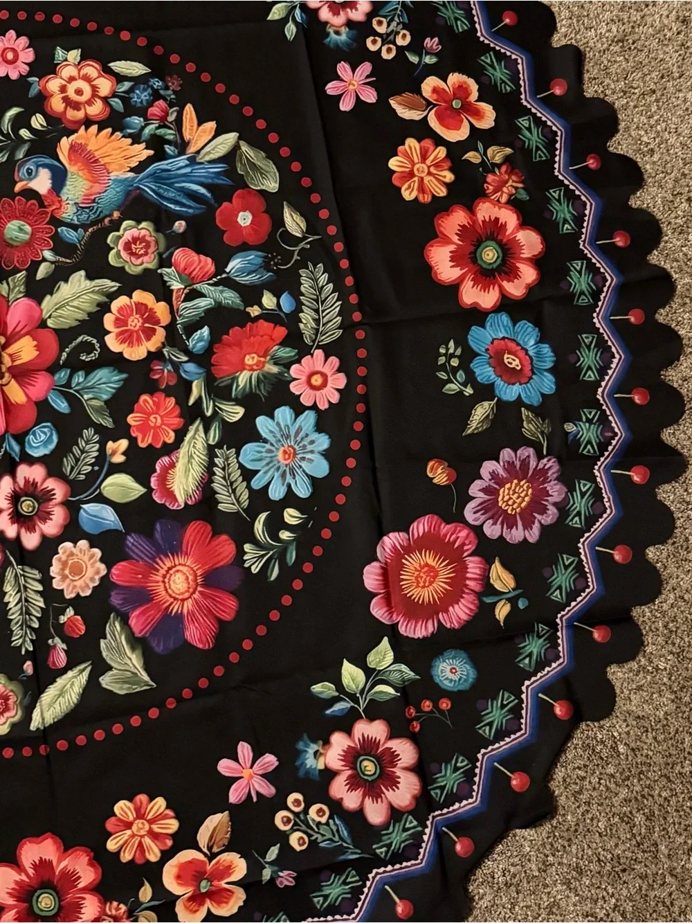 58”Round Black Floral Tablecloth with Multicolor Bloom Print
